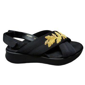 BURBERRY Prorsum Sandals Womens Black Flatform Gold Embroidered Criss Cross Sz 9